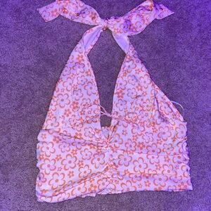 Floral Halter Top - Orange and White
